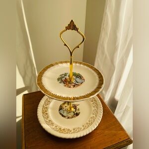 Gold and White Two-Tier Porcelain Serving Stand
